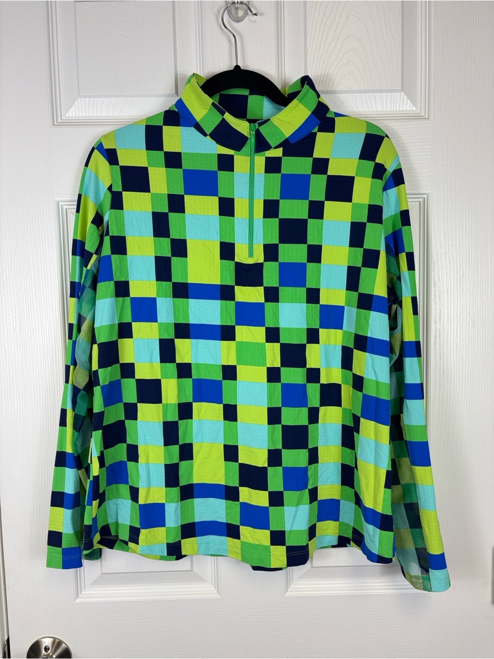 Ibkul long sleeve zip mock neck top Annalise green and blue sz xl